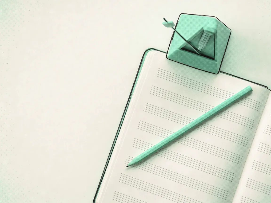 Screened print of an open practice notebook with a pencil and a metronome